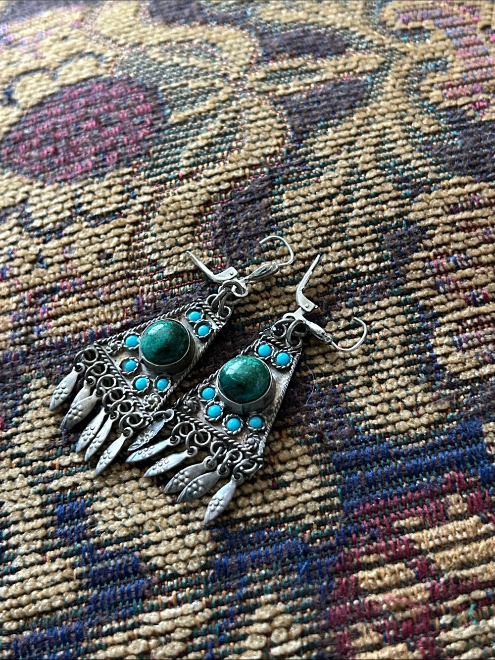 Turquoise Stone Fringe Dangle Earrings - Silver Tone